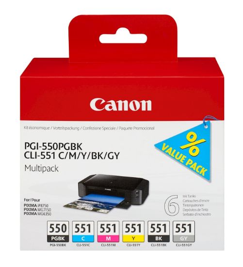 Image de Canon Multipack de 6 cartouches d'encre PGI-550/CLI-551 PGBK/C/M/Y/BK/GY (6496B005)