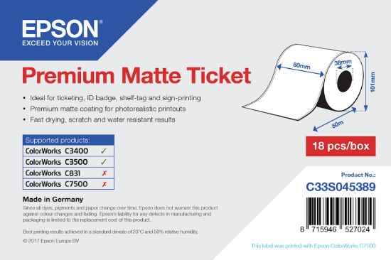 Image de Epson Rouleau d'étiquettes Premium Matte 80mm x 50mm pour TM-C3400 (C33S045389)