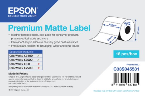 Image de Epson Premium Matte Label - Die-cut Roll: 102mm x 51mm, 650 labels (C33S045531)