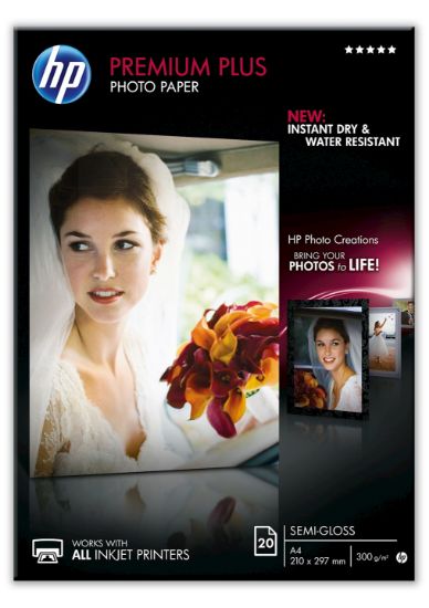 Image de HP Papier photo Premium Plus, finition satinée, 300 g/m2, A4 (210 x 297 mm), 20 feuilles (CR673A)