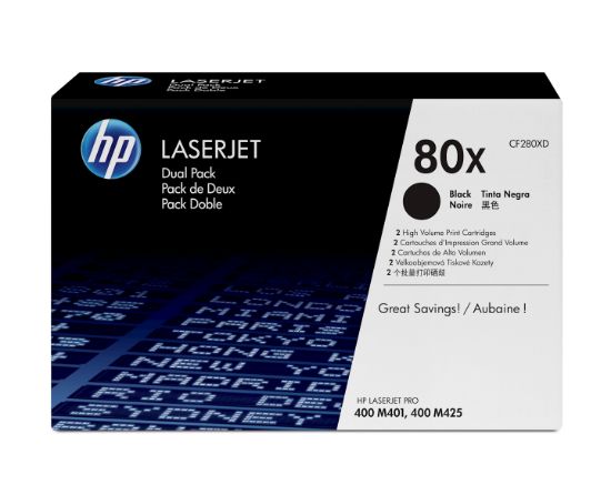 Image de HP 80X pack de 2 cartouches authentiques de toner LaserJet noir grande capacité (CF280XD)