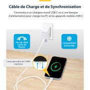 Image de StarTech.com Câble de Charge USB-C de 3m, Charge et Synchronisation, 60W (3A) PD, Câble de Charge USB 2.0 pour Ordinateur Portable, Gaine TPE - Cordon de Charge USB C Blanc (USB2CC3MWHE)