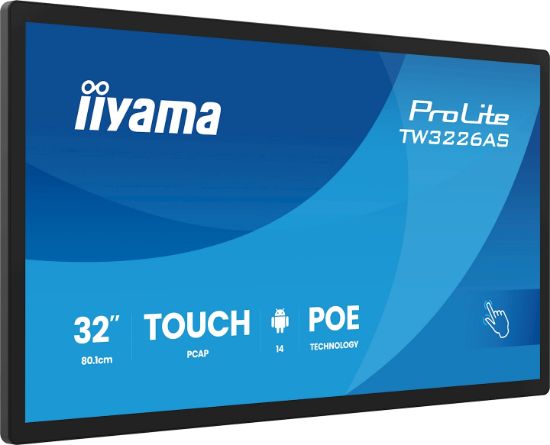 Image de iiyama Écran d'affichage dynamique Écran plat interactif 80 cm (31.5") LED Wifi 500 cd/m² Full HD Noir Écran tactile Intégré dans le processeur Android 14 24/7 (TW3226AS-B3P)