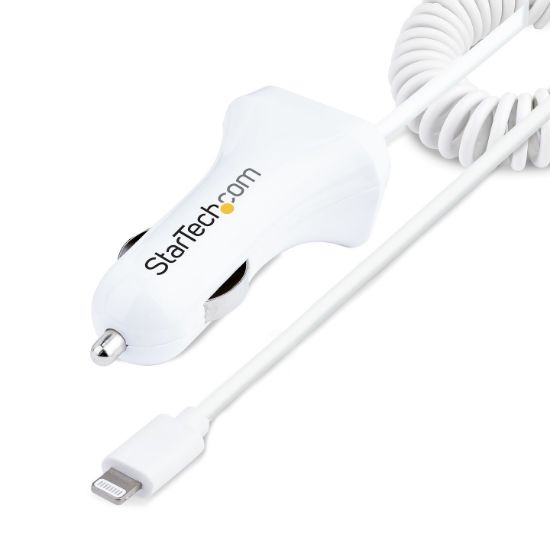 Image de StarTech.com Chargeur Voiture Lightning avec Câble Spiralé - Chargeur Iphone 1m - Double Chargeur USB pour Telephones et Tablettes pour la Voiture - Chargeur Auto Blanc de 1 ... (USBLT2PCARW2)