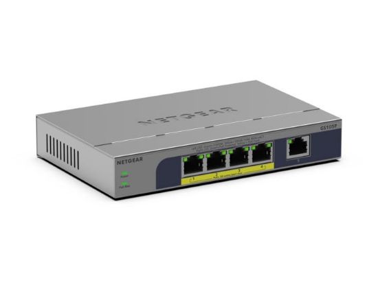 Image de NETGEAR GS105P Non-géré Gigabit Ethernet (10/100/1000) Connexion Ethernet, supportant l'alimentation via ce port (PoE) Montage sur le bureau ou sur le mur Gris (GS105P-300EUS)