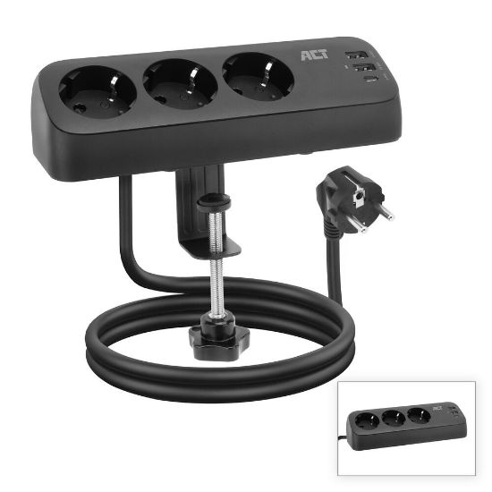Image de ACT Multiprise de bureau avec 3 prises de type F, alimentation électrique de 30 W, ports USB Type-C/A, longueur de câble 1,5 mètre (AC2480)