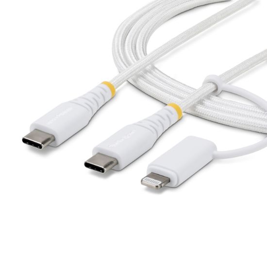 Image de StarTech.com Câble de Recharge USB-C Robuste 2 en 1 de 1m avec Adaptateur Lightning, 30W/60W (3A), Certifié Apple MFi, Câble de Recharge USB-C Tressé pour iPhone/iPad/An ... (1M-U2-LNTC-CABLE)