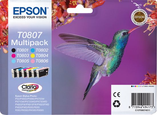 Image de Epson Hummingbird Multipack "Colibri" (T0807) - Encres Claria N, C, M, J, Cc, Mc (C13T08074011)