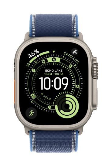 Image de Apple Boucle Trail bleu/bleu vif 49 mm - M/L - Finition titane naturel (MFT74ZM/A)