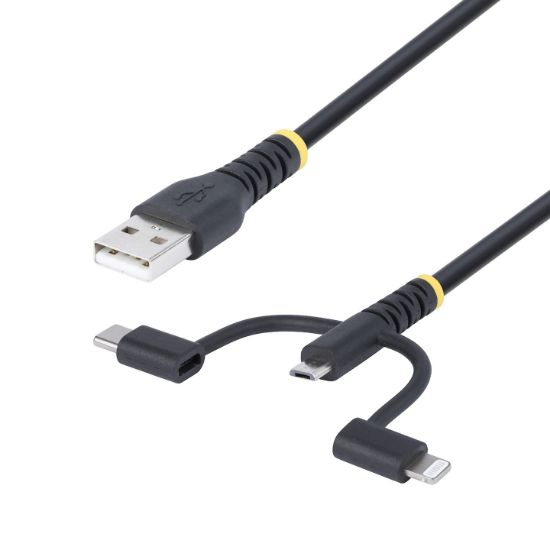 Image de StarTech.com Câble de Charge USB de 1m Robuste, USB vers Lightning/Micro-USB/USB-C, Certifié Apple MFi, Gaine en Aramide, Cordon de Charge USB Universel 3-en-1 pour iPhone/iPa ... (RLTCUB1MBK)
