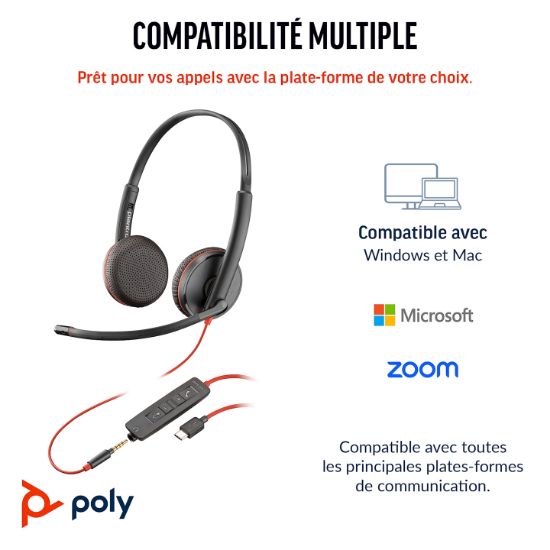 Image de HP Poly Micro-casque Poly Blackwire 3225 stéréo USB-C + connexion 3,5 mm + adaptateur USB-C/A (8X229AA)