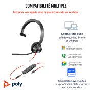 Image de HP Poly Micro-casque Poly Blackwire 3315 monaural USB-C certifié Microsoft Teams + connexion 3,5 mm + adaptateur USB-C/A (8X218AA)