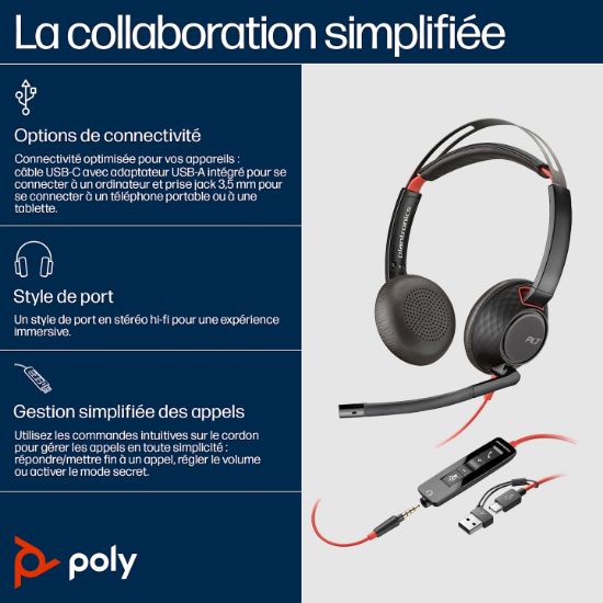 Image de HP Poly Micro-casque Poly Blackwire 5220 stéréo USB-C + connexion 3,5 mm + adaptateur USB-C/A (8X231AA)