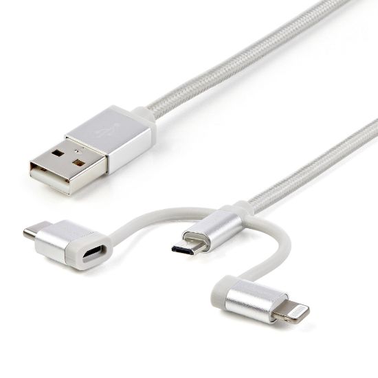 Image de StarTech.com Câble multi chargeur USB de 1 m - Lightning USB-C Micro-B - Tressé (LTCUB1MGR)