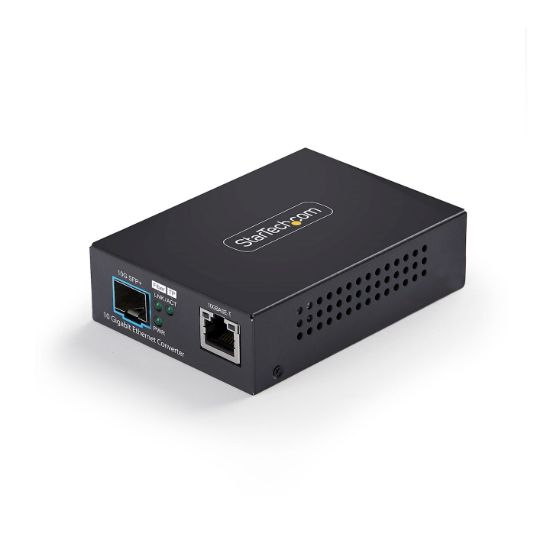 Image de StarTech.com Convertisseur de Média Fibre Optique 10 GbE SFP+, 10 Gigabit Ethernet RJ-45 vers 10GBASE-X SFP+, Monomode, Multimode, Trames Jumbo 16K, Conforme TAA (MCM10GSFP2)