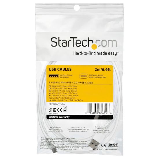 Image de StarTech.com Câble de Charge Rapide USB-A vers USB-C de 2m, Robuste, Charge et Synchronisation, 3A, USB 2.0, Gaine TPE Blanche et Fibre d'Aramide - Cordon de Charge USB (RUSB2AC2MW)