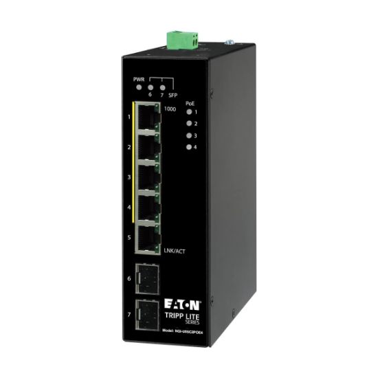 Image de Eaton Tripp Lite 5-Port Unmanaged Industrial Gigabit Ethernet - 10/100/1000 Mbps, PoE+ 30W, -10° to 60°C, 2 GbE SFP Slots, DIN Mount, TAA Switch - Noir (NGI-U05C2POE4)