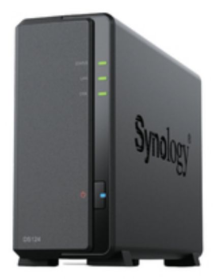 Image de Synology DiskStation Realtek RTD1619B, 1 GB DDR4, 2 x USB 3.2, 166 x 71 x 224 mm, 0.7 kg, 1 x 1GbE RJ-45, 100 V to 240 V AC, 50/60Hz Serveur de stockage de données - Noir (DS124)