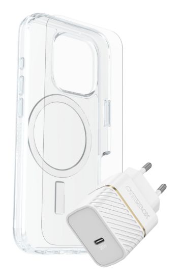 Image de OtterBox Symmetry Series Clear for MagSafe + Premium Glass + Fast Charge Wall Charger USB-C 30W Type C pour Apple iPhone 16 Pro - Transparent (78-81432)