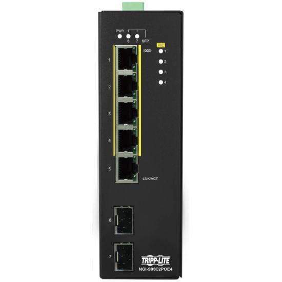 Image de Eaton Tripp Lite 5-Port Lite Managed Industrial Gigabit Ethernet - 10/100/1000 Mbps, PoE+ 30W, 2 GbE SFP Slots, -10° to 60°C, DIN Mount, TAA Switch - Noir (NGI-S05C2POE4)