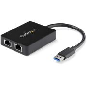 Image de StarTech.com Adaptateur USB 3.0 à Double Port Gigabit Ethernet avec port USB - 10/100/100 - Adaptateur NIC Réseau USB Gigabit LAN (USB32000SPT)