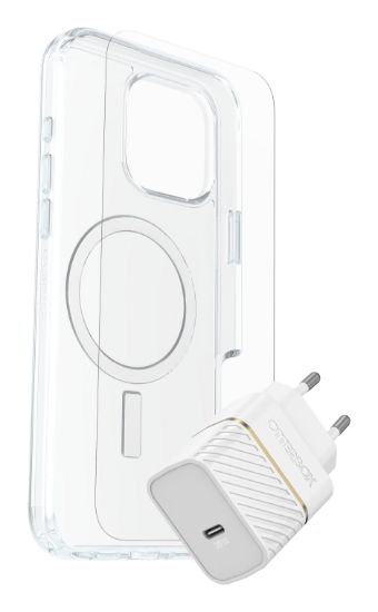 Image de OtterBox Symmetry Series Clear for MagSafe + Premium Glass + Fast Charge Wall Charger USB-C 30W Type C pour Apple iPhone 16 Pro Max - Transparent (78-81435)