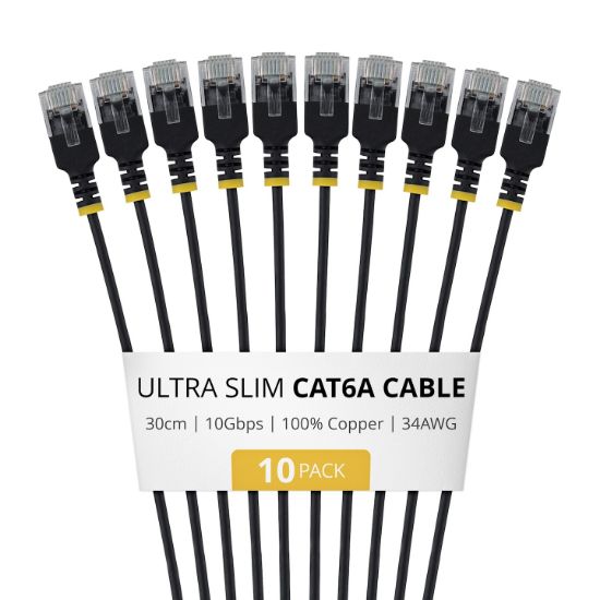 Image de StarTech.com Câble Ethernet Cat6A Noir Ultra-Fin de 30cm, Lot de 10, UTP, Fil de Cuivre Nu Pur, Câble Patch Réseau RJ45 Ultra-Fin 34 AWG, Testé Individuellement (6AUTP34BKS30CM10PK)