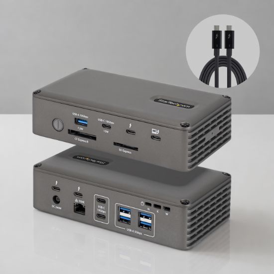 Image de StarTech.com Dock Thunderbolt 5 avec Slot NVMe pour Mac et Windows, Jusqu'à 2 Écrans 8K 60Hz ou 3 Écrans 4K 144Hz, Recharge de PC de 140W, 5GbE, Bande Passante Accéléré ... (183UE-TB5USB4DOCK)